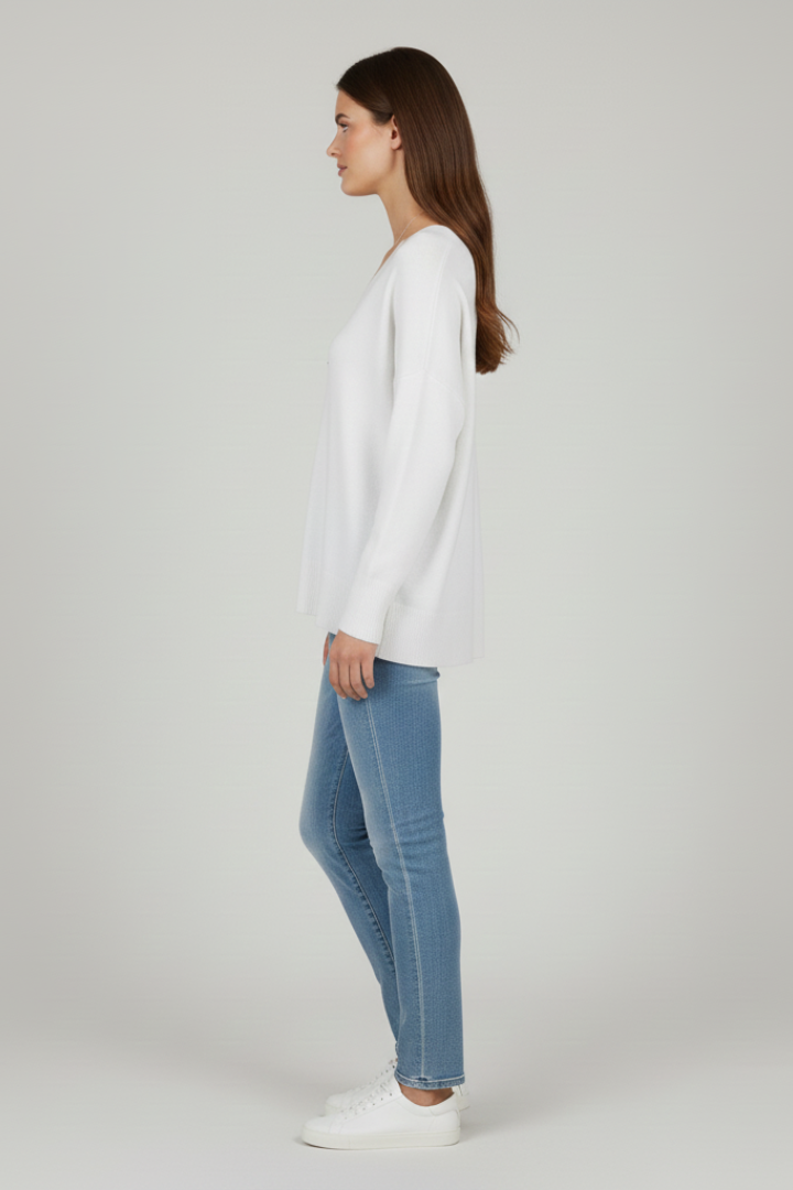Sadie | Damski sweter z dzianiny szczotkowanej z dekoltem w serek – luźny krój, długi rękaw