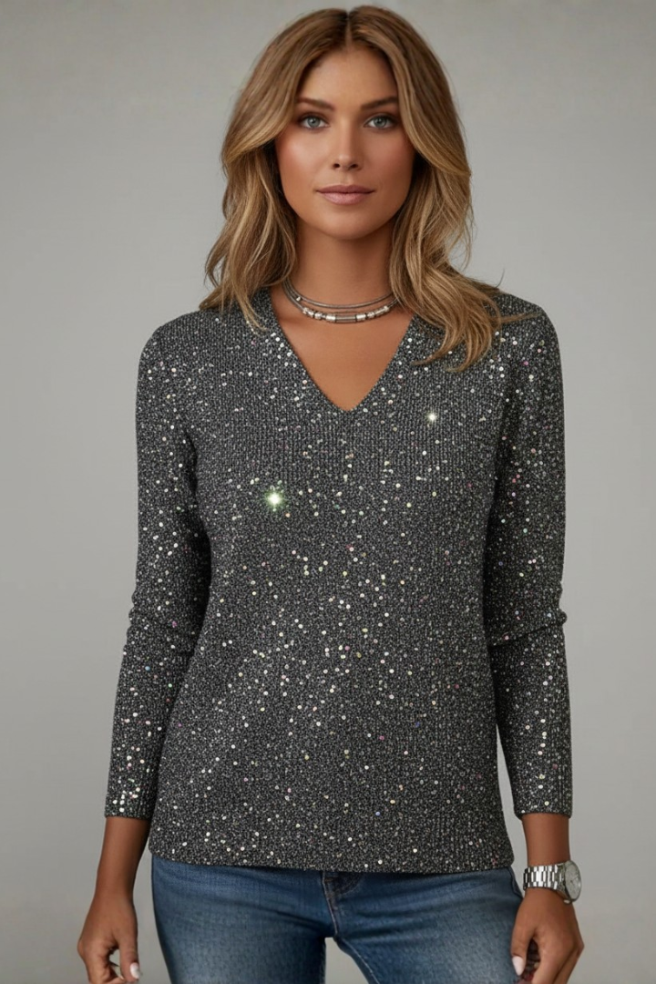 Apolonia | Women's V-Neck Sequin Sweater – Elegant Long Sleeve Knit Top