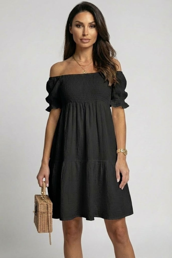 Salomea | Women's Textured Midi Dress - Bohemian Off-the-Shoulder Dress with Ruffles and Long Sleeves