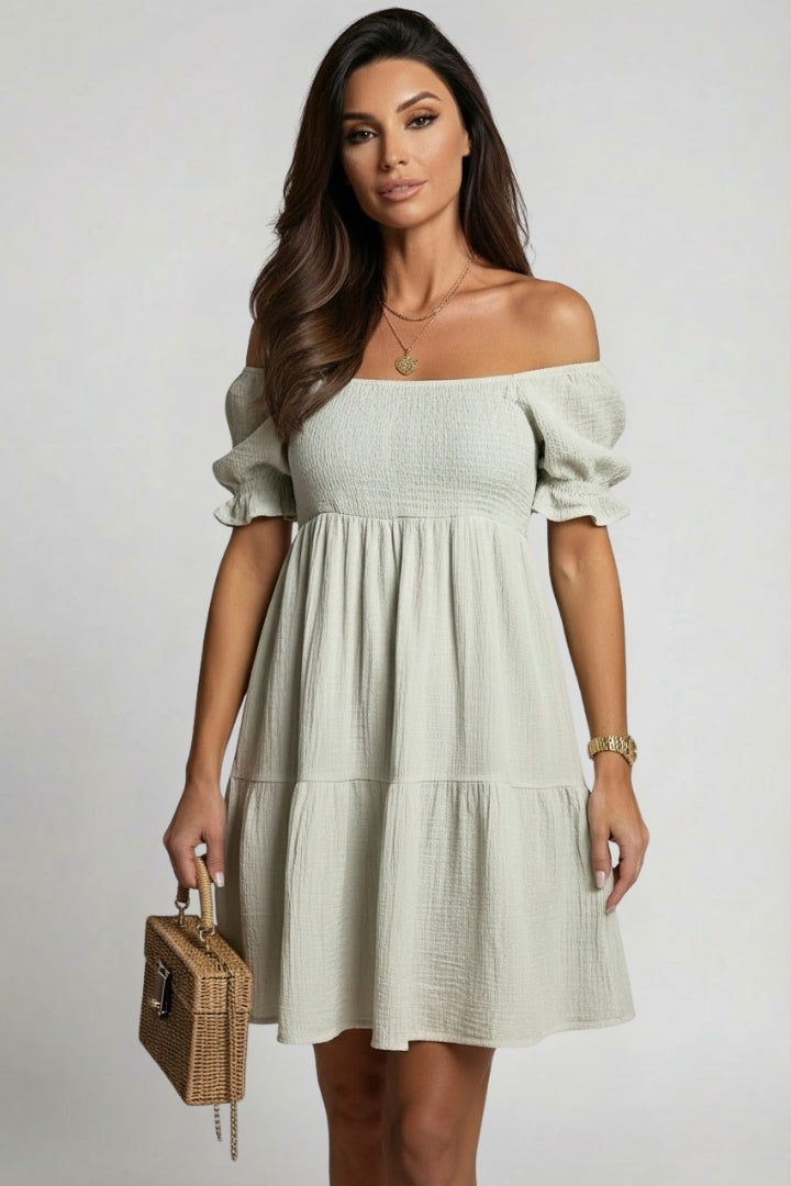 Salomea | Women's Textured Midi Dress - Bohemian Off-the-Shoulder Dress with Ruffles and Long Sleeves