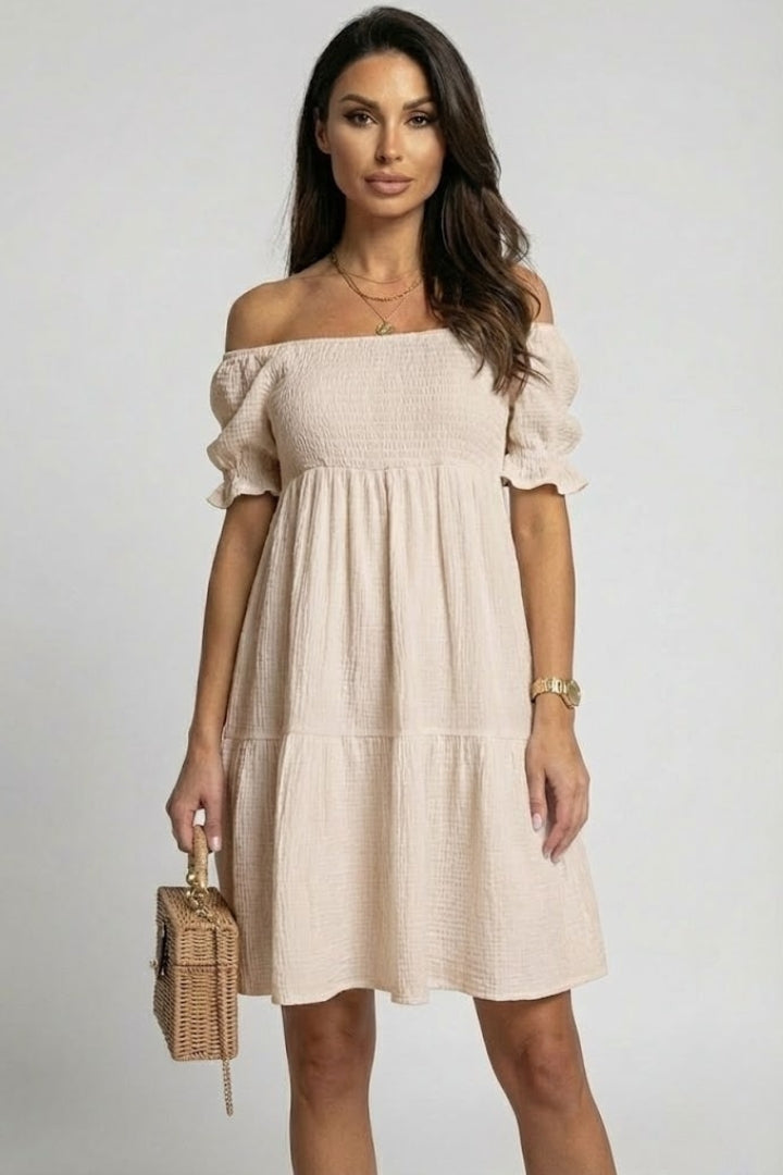 Salomea | Women's Textured Midi Dress - Bohemian Off-the-Shoulder Dress with Ruffles and Long Sleeves
