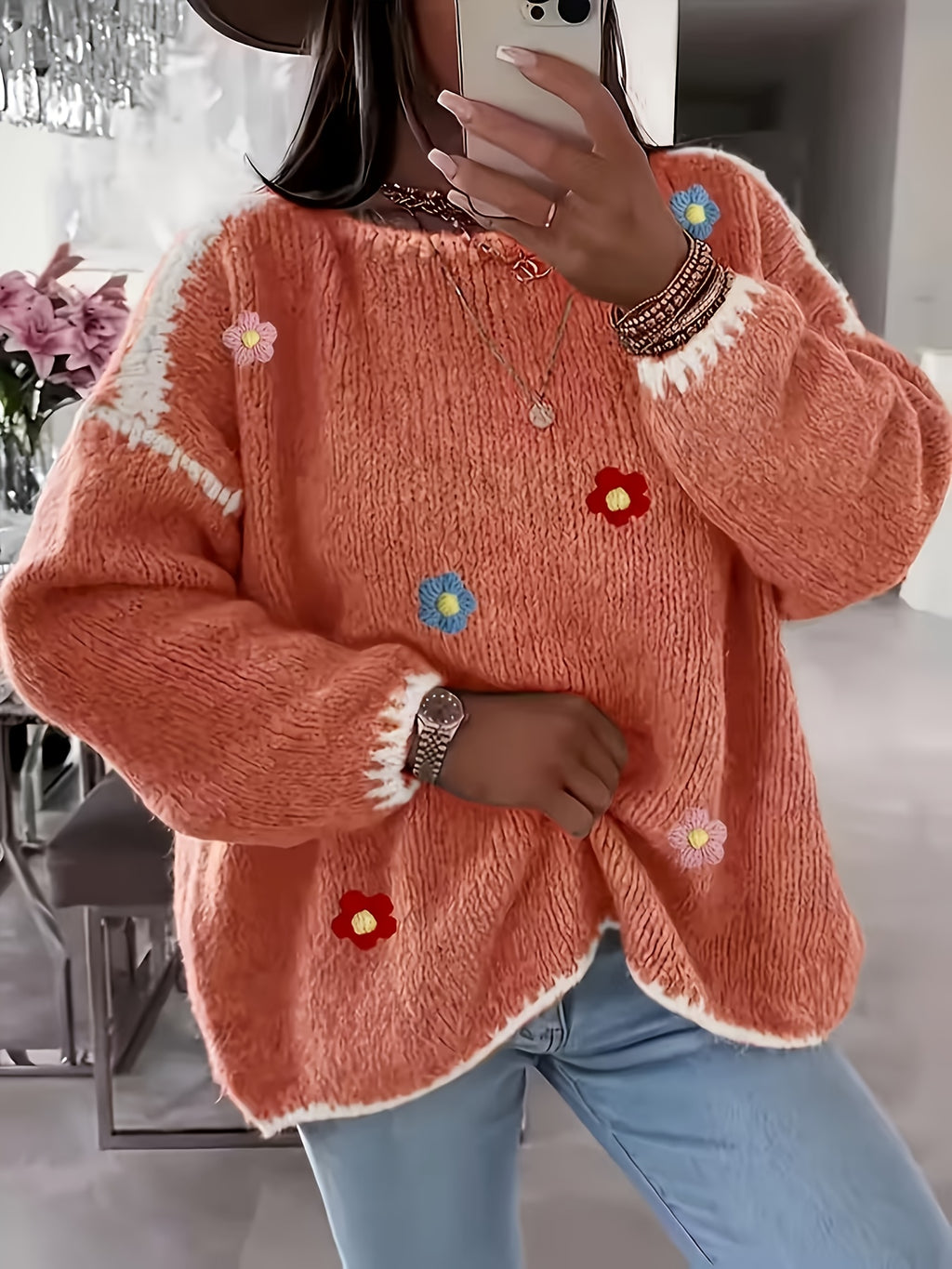 Lirielle | Damski sweter w kwiaty – elegancki sweter zakładany przez głowę