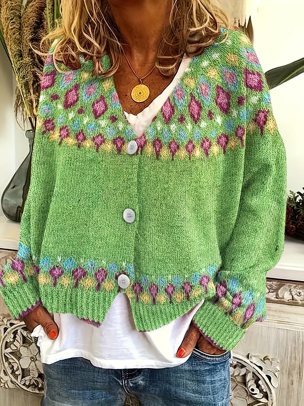 Noella | Damski kardigan w stylu Fair Isle – miękki sweter z długim rękawem