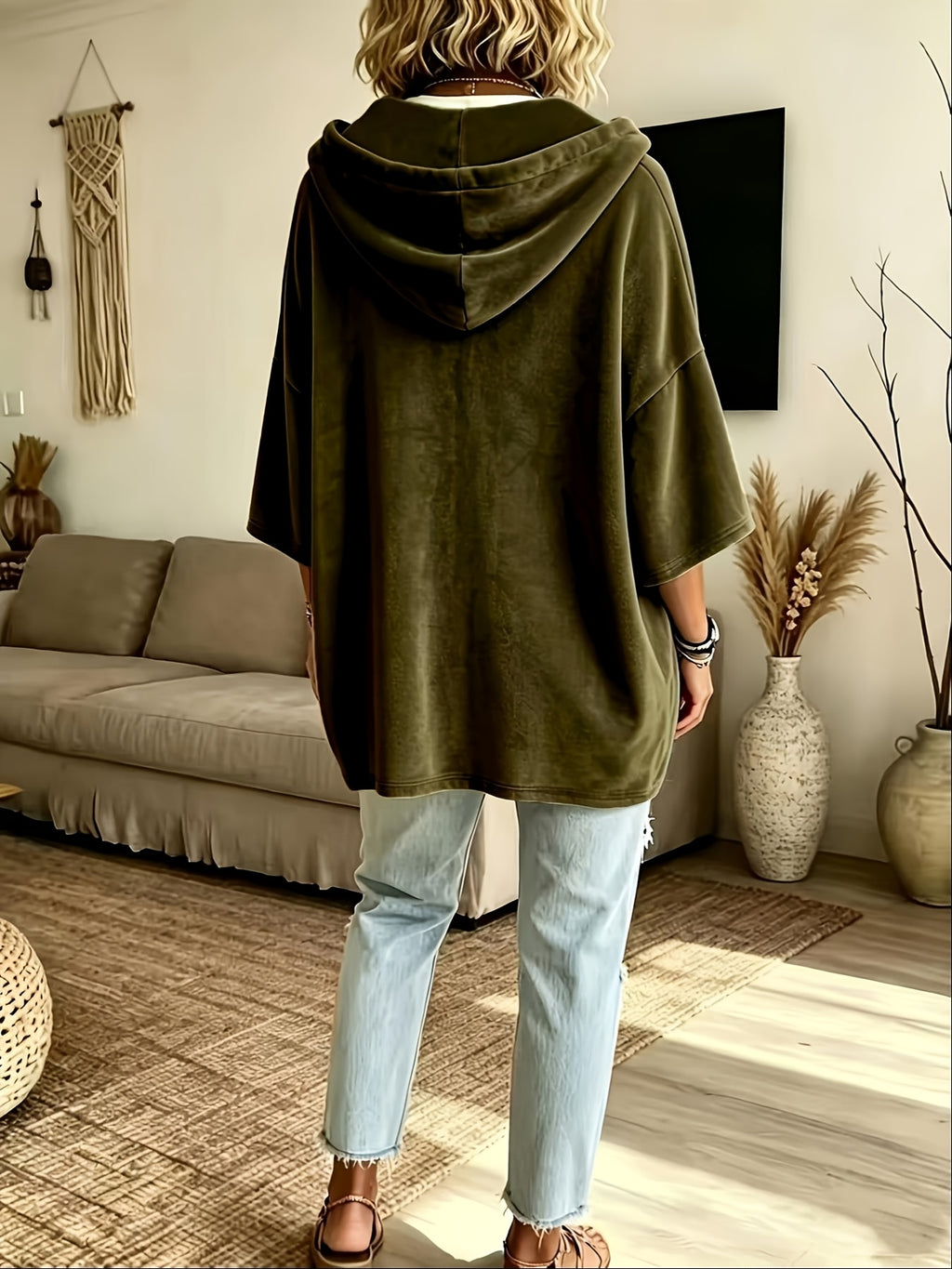 Niamh | Damski aksamitny sweter – jednokolorowy sweter z rękawami 3/4 w stylu casualowym