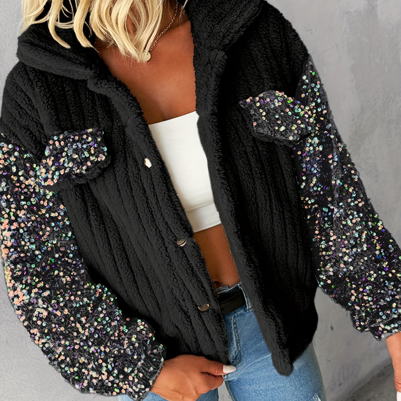 Blaire | Damska kurtka z cekinami w stylu patchworku – swobodna kurtka