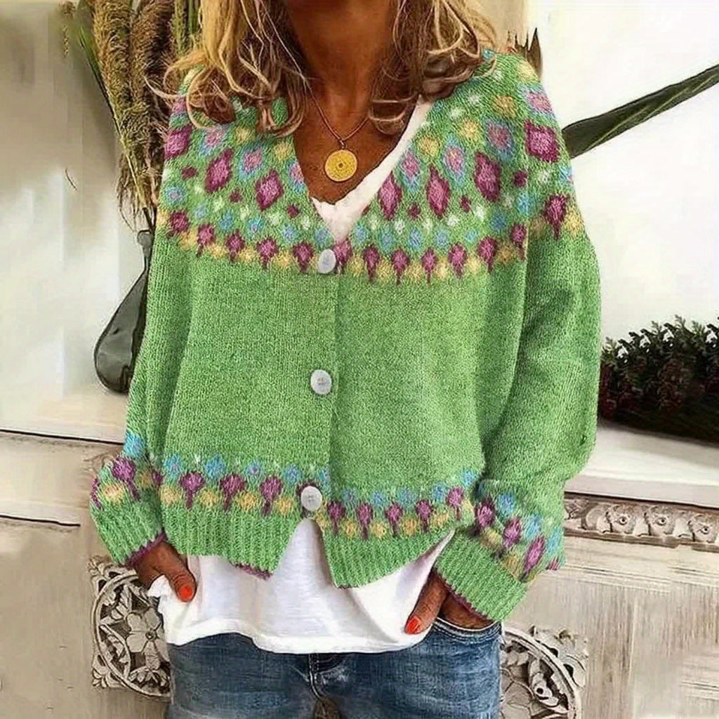 Noella | Damski kardigan w stylu Fair Isle – miękki sweter z długim rękawem