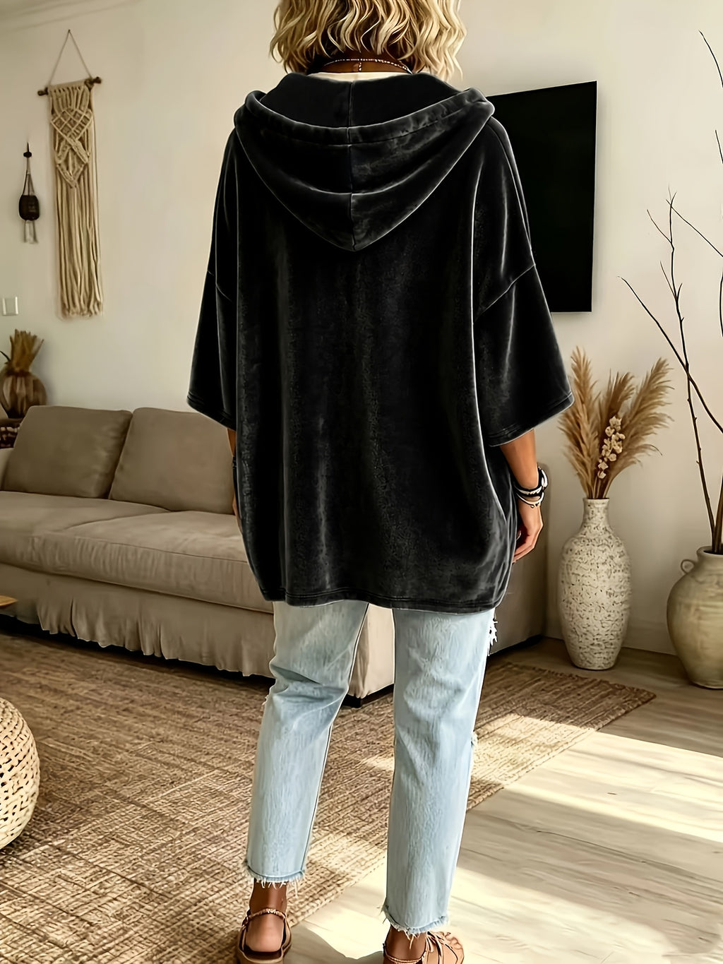 Niamh | Damski aksamitny sweter – jednokolorowy sweter z rękawami 3/4 w stylu casualowym