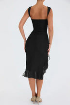 Asymmetric midi evening dress – a fashionable and luxurious look