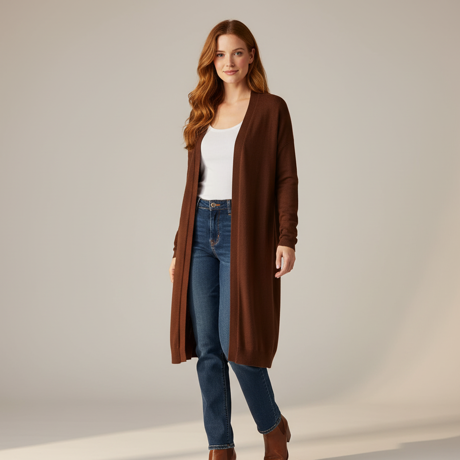 Brązowy Długi Kardigan Damski Rib