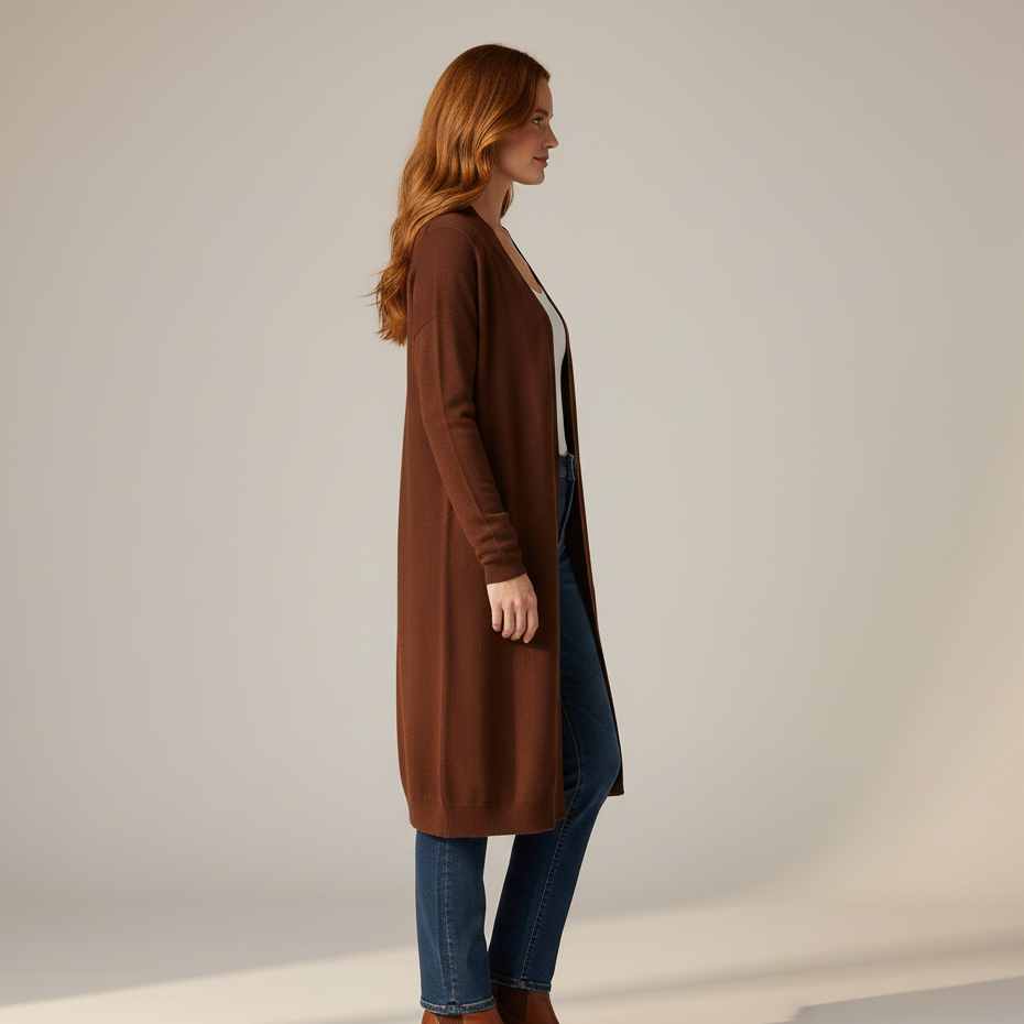 Brązowy Długi Kardigan Damski Rib