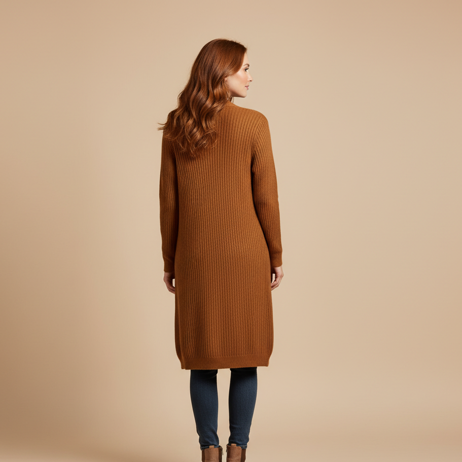 Brązowy Długi Kardigan Damski Rib