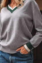 Belmira | Damska szara bluza w stylu varsity – sweter z dekoltem w serek