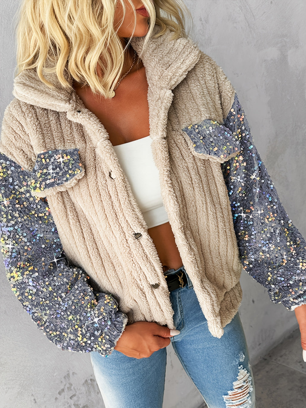 Blaire | Damska kurtka z cekinami w stylu patchworku – swobodna kurtka