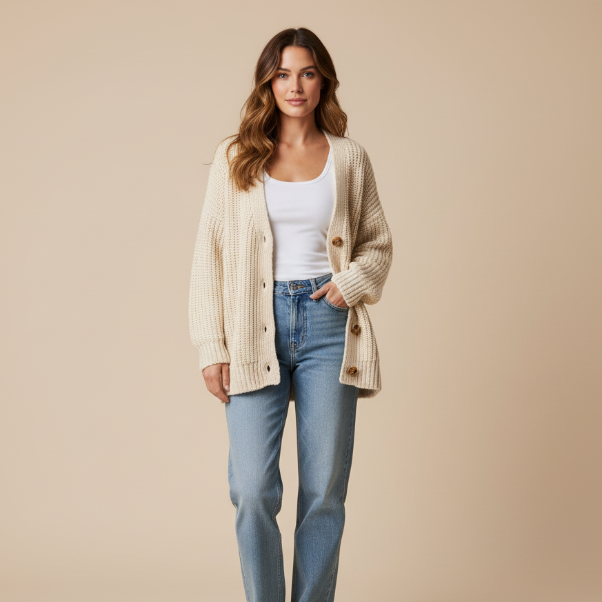 Kremowy Kardigan Damski Dzianinowy