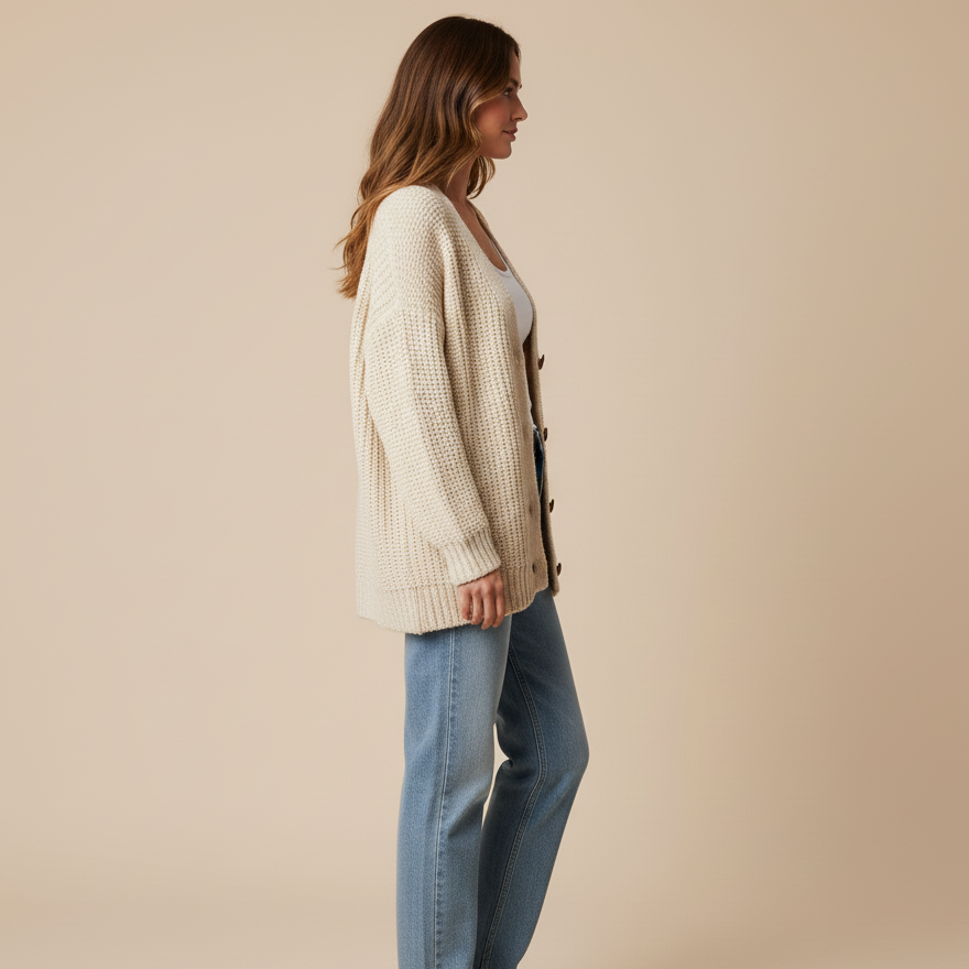 Kremowy Kardigan Damski Dzianinowy