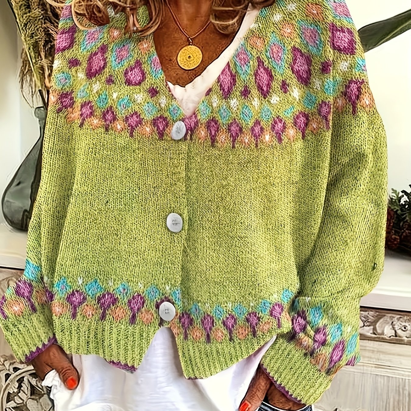 Noella | Damski kardigan w stylu Fair Isle – miękki sweter z długim rękawem