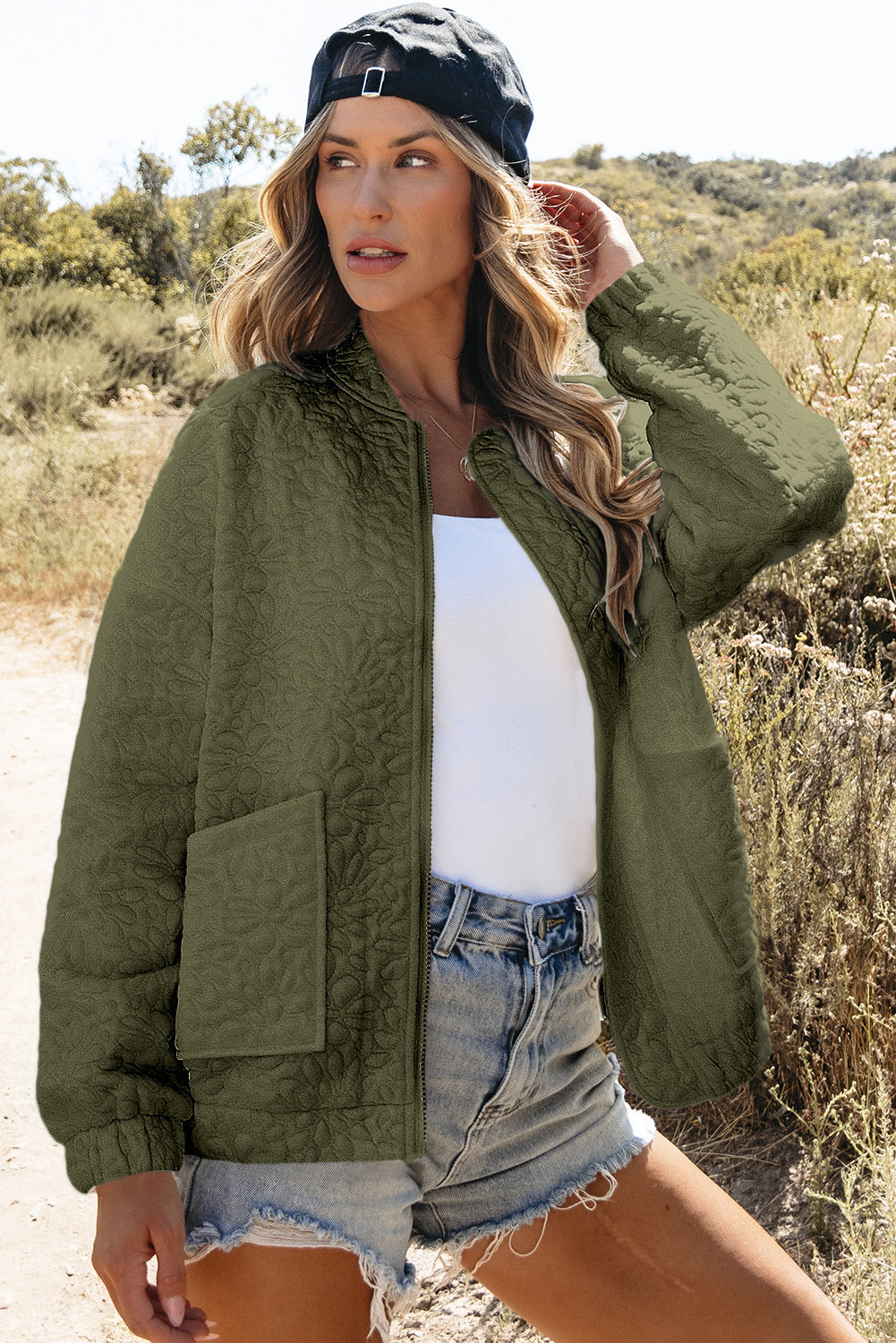 Maelle | Women's floral quilted jacket - jungle green zip-up jacket with a stand-up collar