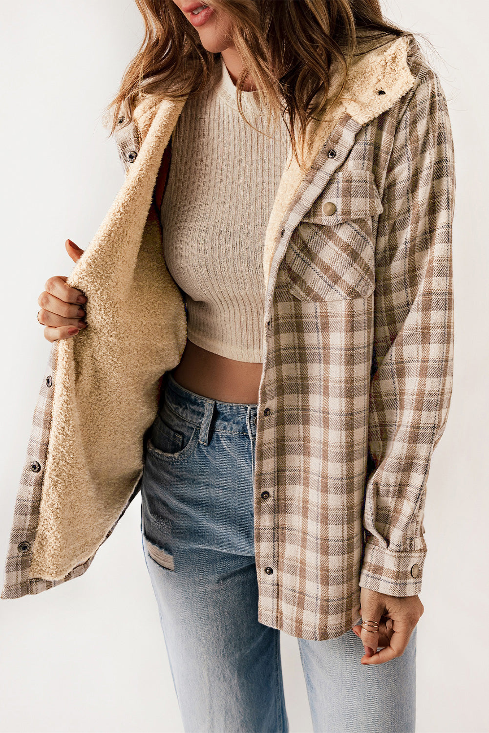 Violetta | Women's Plaid Coat - Jacket with Hood and Sherpa Fleece Lining