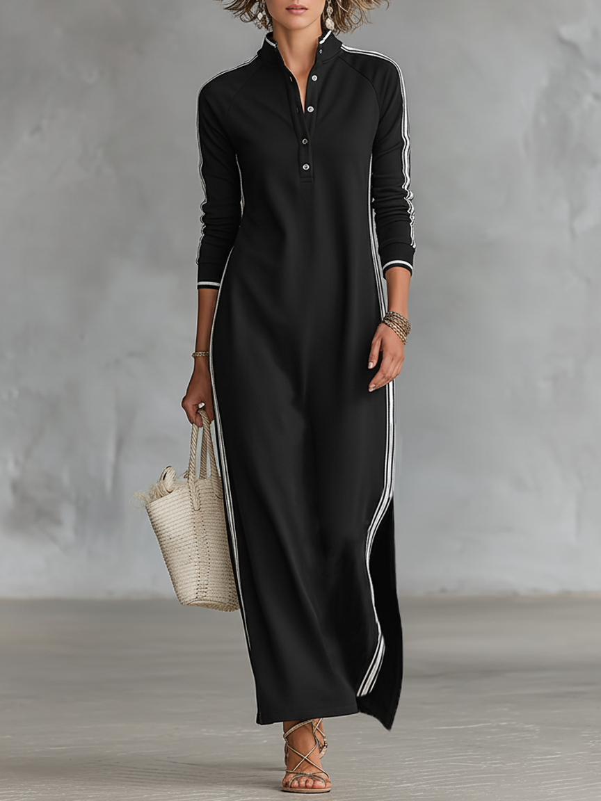 Lysoria | Minimalistyczna damska sukienka typu maxi w stylu bluzy – model z kołnierzykiem i zapięciem na guziki