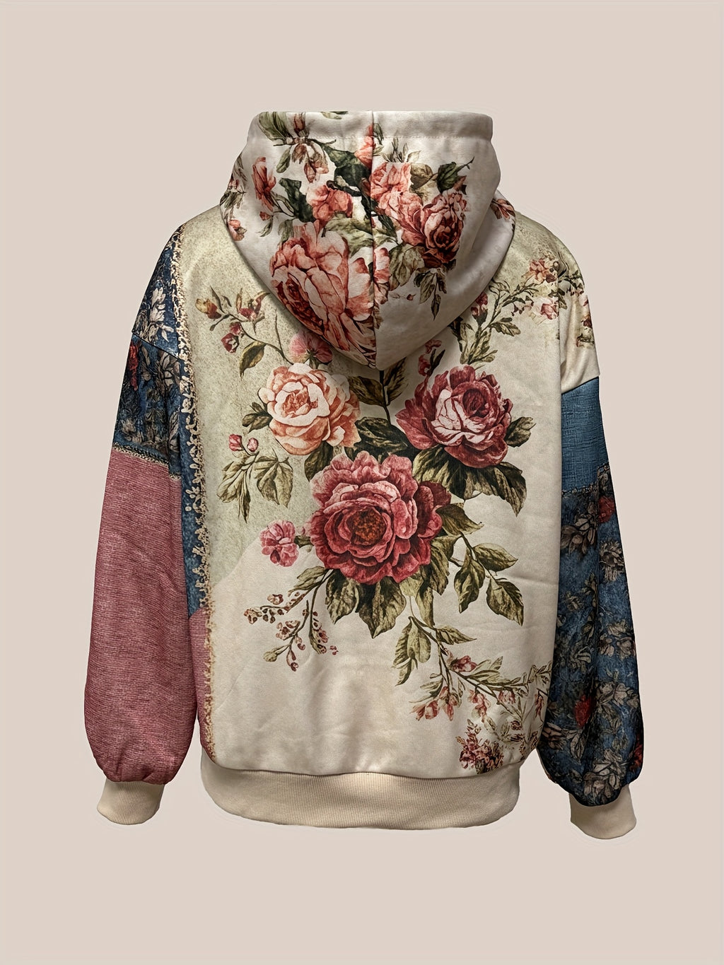 Zella | Damska bluza z kapturem w stylu bohemy – retro kwiatowy wzór, patchworkowy krój