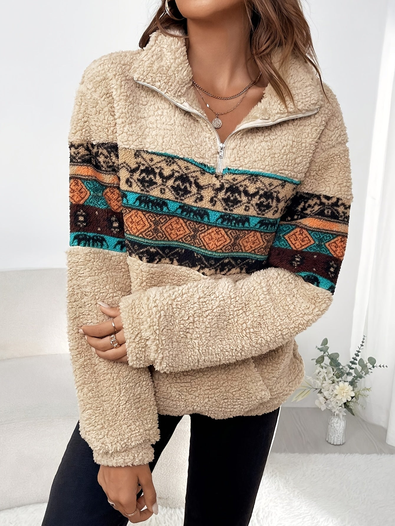 Elsinne | Damski sweter z wstawkami – dwustronny wzór