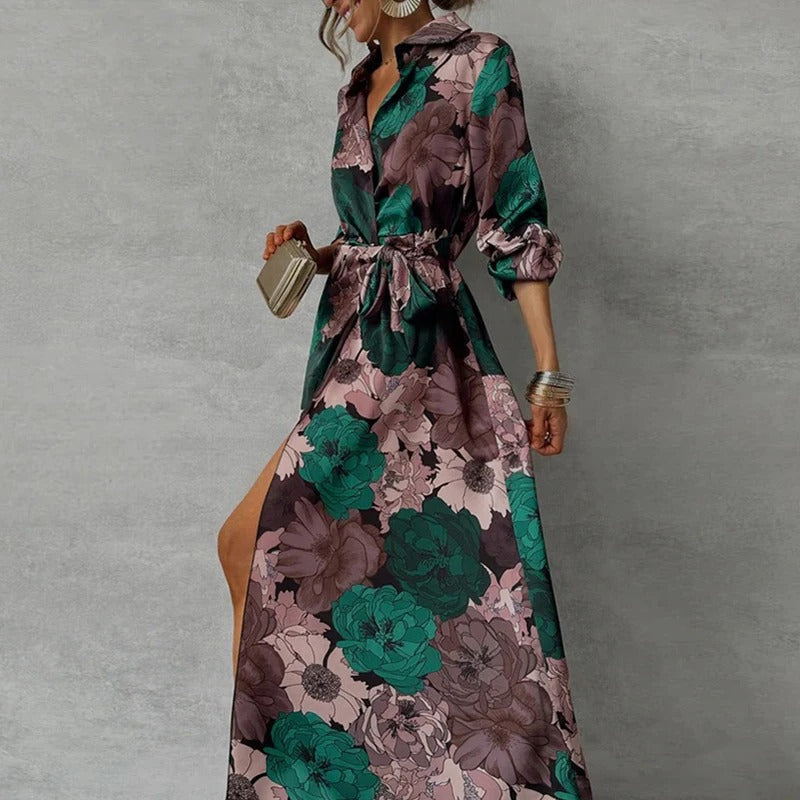 Elarose | Damska sukienka maxi w kwiaty – Długi, zwiewny krój, wiązana talia