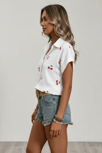 Women's Cherry Print Blouse with Buttons – Fun Short Sleeve Shirt