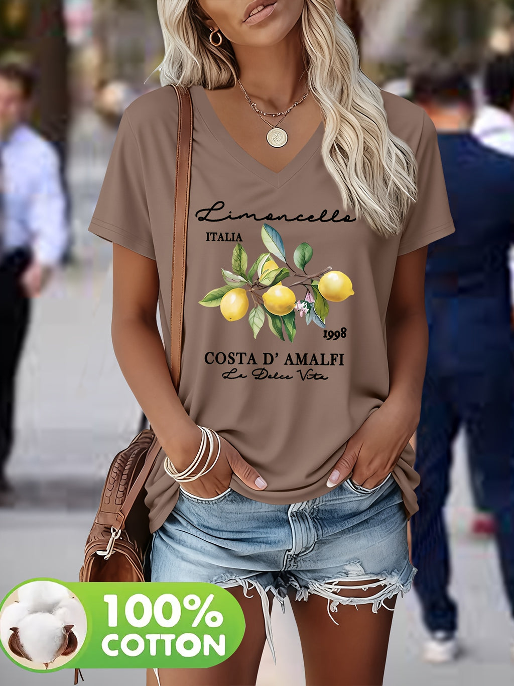 Wisteria | Damski T-shirt z dekoltem w serek – Krótkie rękawy,Nadruk graficzny