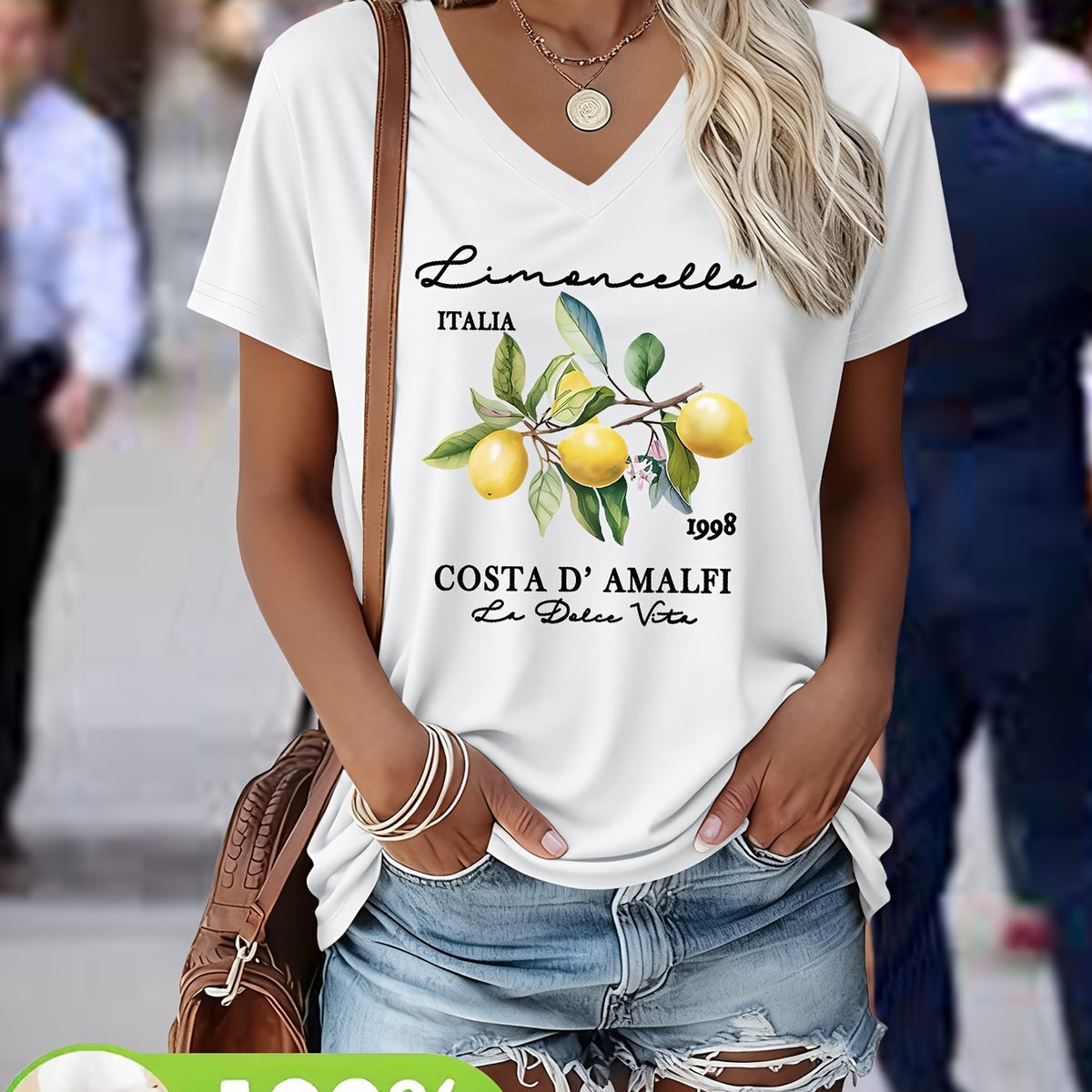 Wisteria | Damski T-shirt z dekoltem w serek – Krótkie rękawy,Nadruk graficzny