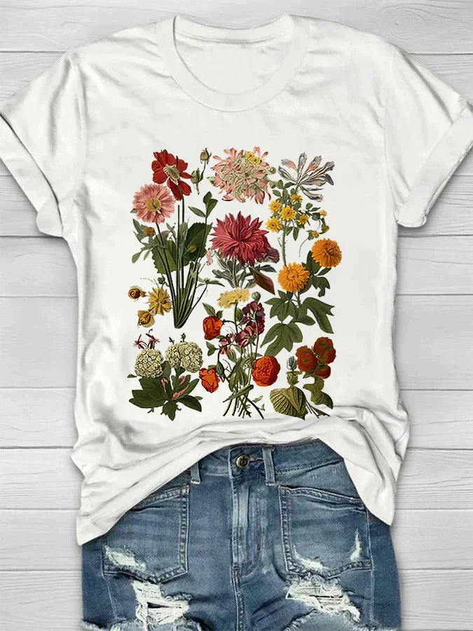 Leocadia | Damskie T-shirt z kwiatowym nadrukiem – bluzka w stylu retro z krótkim rękawem