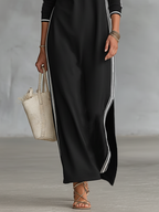 Lysoria | Minimalistyczna damska sukienka typu maxi w stylu bluzy – model z kołnierzykiem i zapięciem na guziki