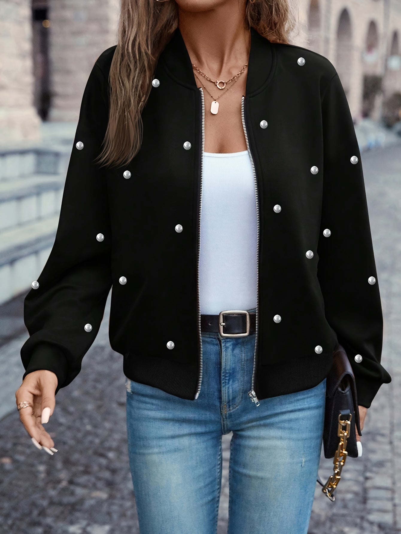 Ilona | Damowa kurtka baseballowa z koralikami – swobodna kurtka typu bomber w stylu varsity