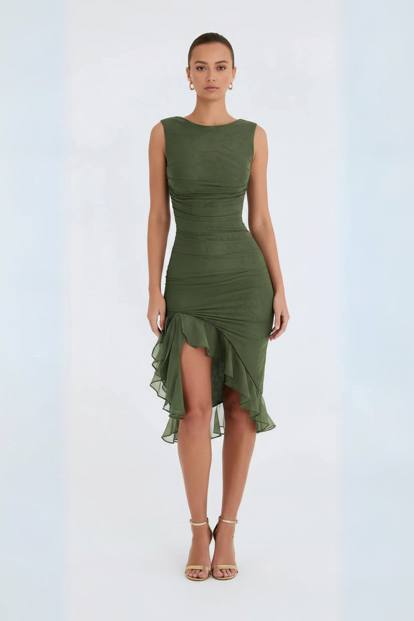 Asymetryczna wieczorowa sukienka midi – modny i luksusowy look