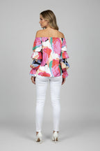 Satin off-the-shoulder blouse with a floral pattern – a luxurious printed top with an elegant, feminine charm