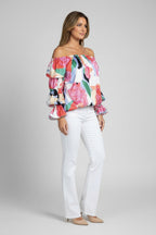 Satin off-the-shoulder blouse with a floral pattern – a luxurious printed top with an elegant, feminine charm