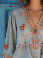 Women's boho blouse with embroidered V-neck – artisan-inspired, timeless, effortlessly elegant