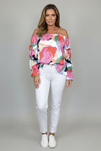 Satin off-the-shoulder blouse with a floral pattern – a luxurious printed top with an elegant, feminine charm