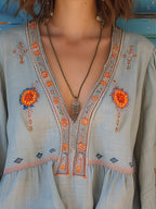 Women's boho blouse with embroidered V-neck – artisan-inspired, timeless, effortlessly elegant