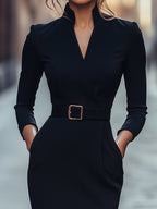 Cerise | Czarna sukienka midi dla kobiet – elegancka sukienka z długimi rękawami i paskiem w talii