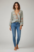 Women's boho blouse with embroidered V-neck – artisan-inspired, timeless, effortlessly elegant