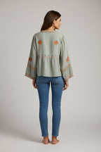 Women's boho blouse with embroidered V-neck – artisan-inspired, timeless, effortlessly elegant