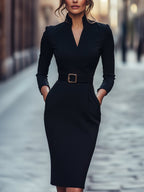 Cerise | Czarna sukienka midi dla kobiet – elegancka sukienka z długimi rękawami i paskiem w talii