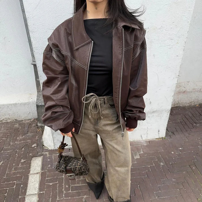 Maxine | Damska kurtka skórzana w stylu oversize – swobodny płaszcz z miękkiej skóry imitowanej