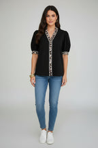 Women's Patchwork Print Blouse with Puff Sleeves – Stylish Front Button Top in Trendy Mixed Patterns