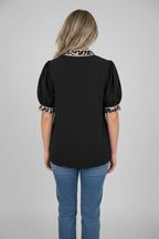 Women's Patchwork Print Blouse with Puff Sleeves – Stylish Front Button Top in Trendy Mixed Patterns