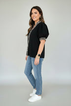 Women's Patchwork Print Blouse with Puff Sleeves – Stylish Front Button Top in Trendy Mixed Patterns