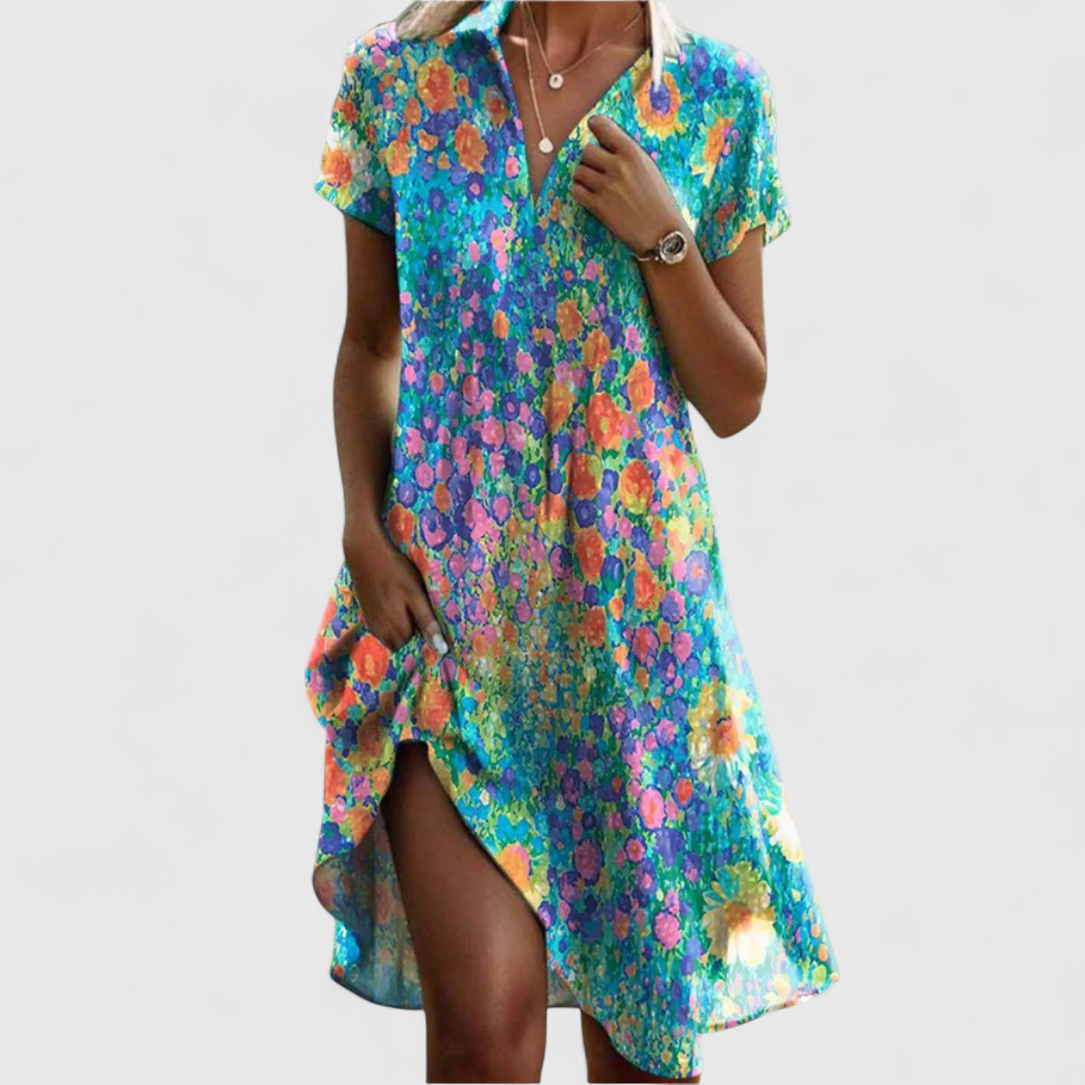 Savira | Damska sukienka midi w stylu boho – zwiewna sukienka z krótkim rękawem