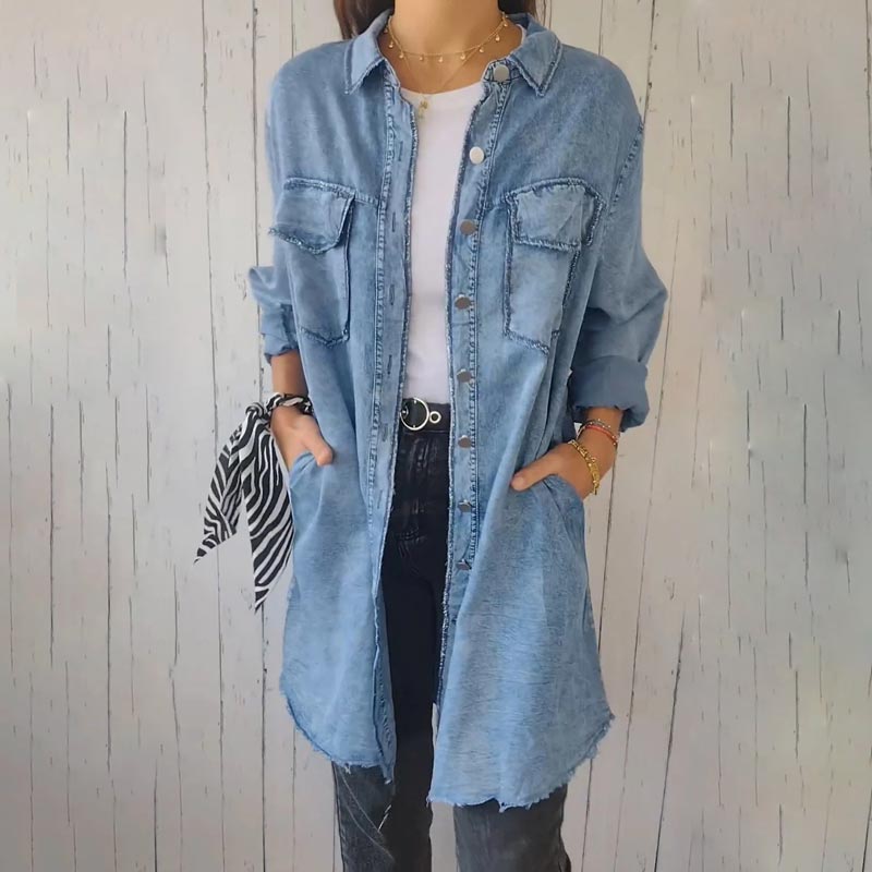 Maelith | Damska kurtka z imitacji denimu – casualowa koszula-kurtka zapinana na guziki