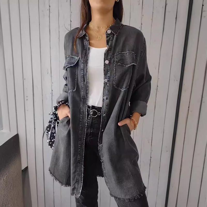 Maelith | Damska kurtka z imitacji denimu – casualowa koszula-kurtka zapinana na guziki