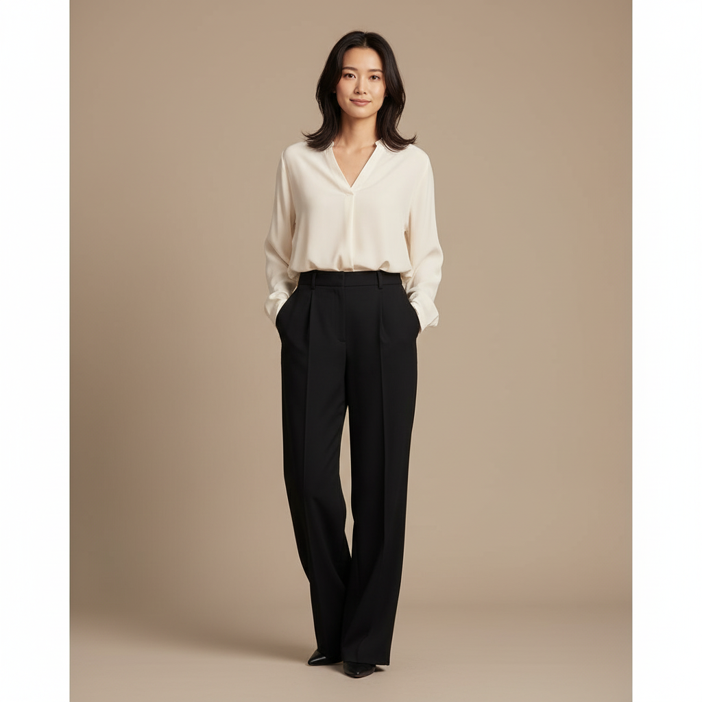 Eleganckie Czarne Spodnie Wide Leg + Kremowa Bluzka